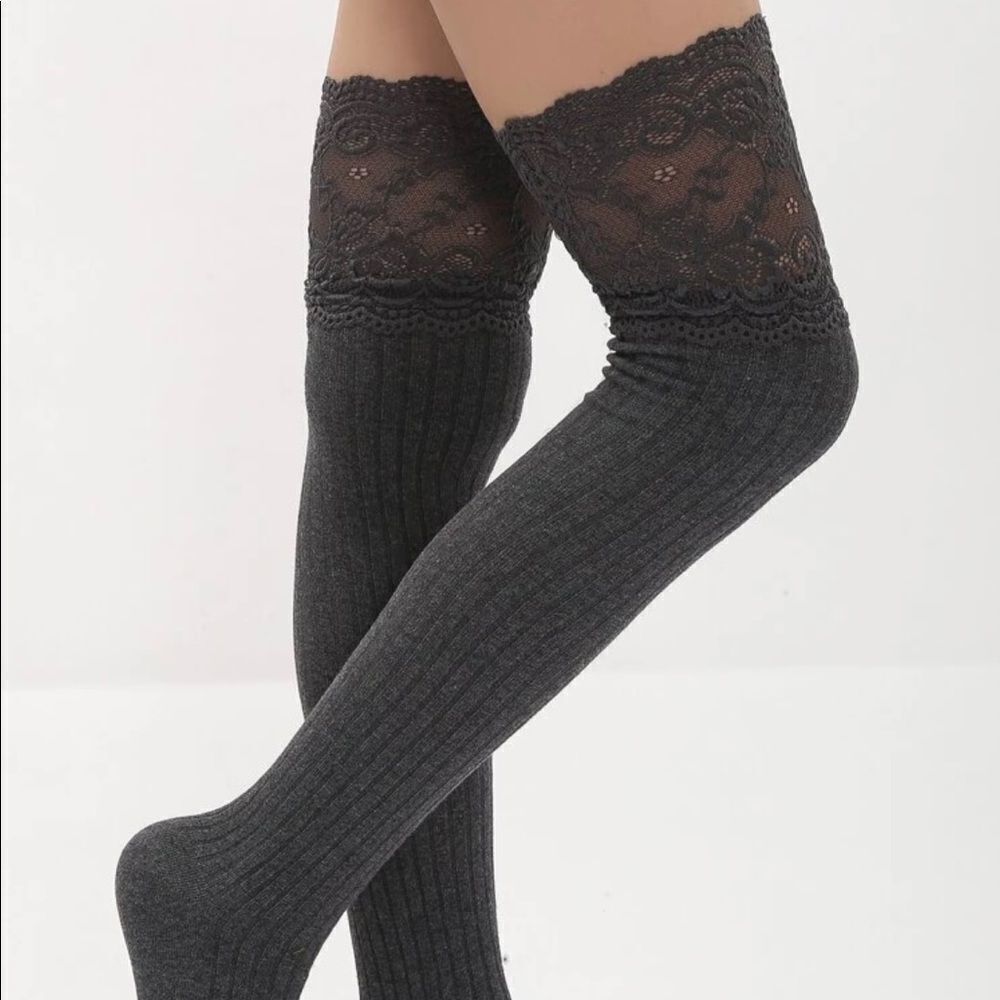 Dark Grey Ruffled Lace Thigh High Socks - Picture 2 of 8